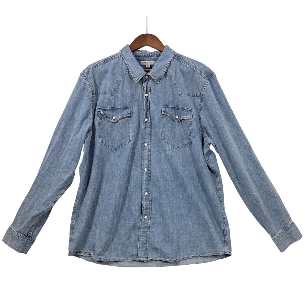 Frye and Co Mens XXL Light Wash Denim Western‎ Pearl Snap Work Shirt FLAW